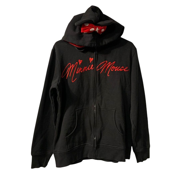 Disney Parks Women's Minnnie Mouse Hoodie with Ears Bow Size XL Black Spellout - Picture 1 of 7